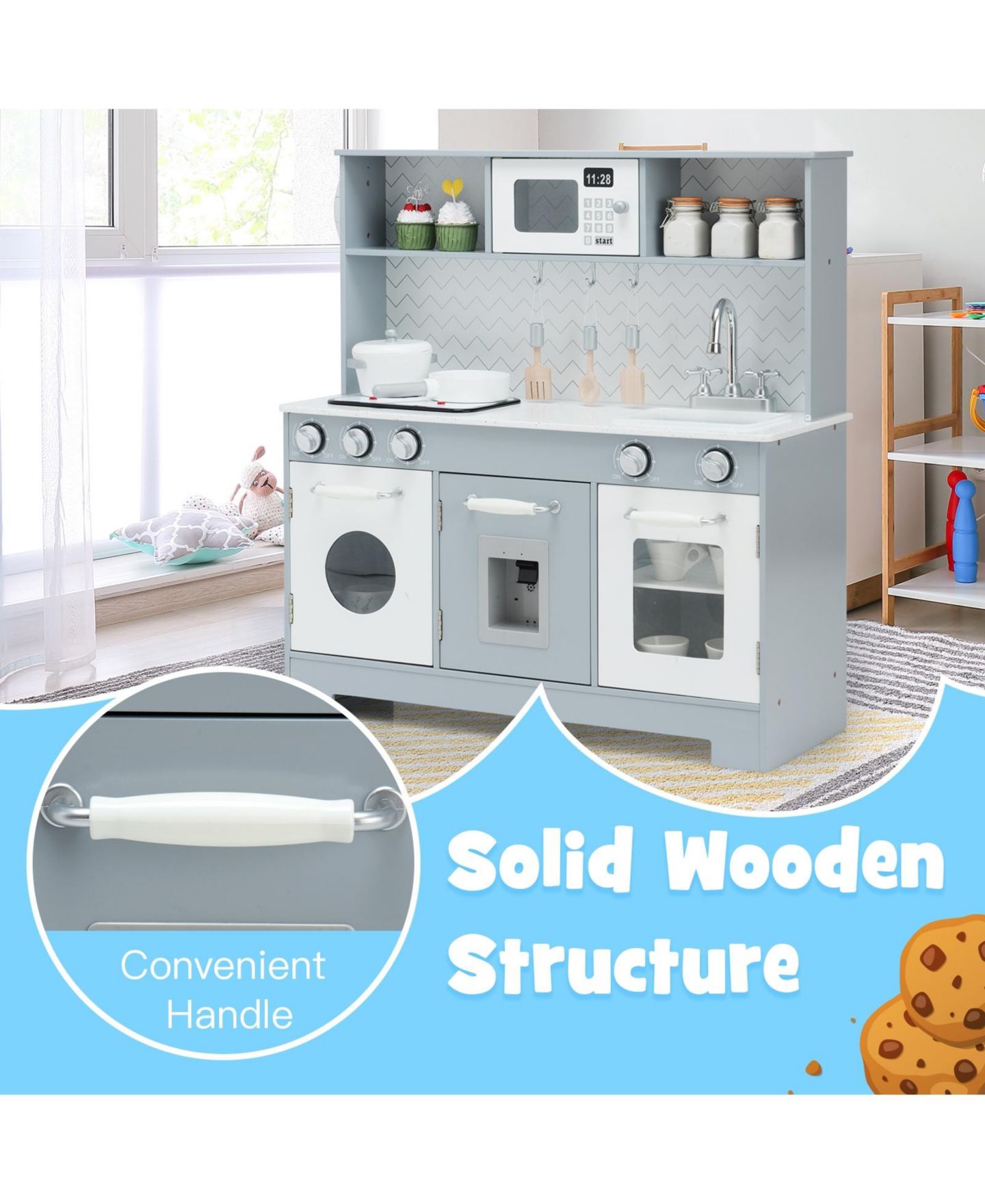 Детская игрушка SKONYON Wooden Play Kitchen with Light and Sound, Ages 3+ — фото 6