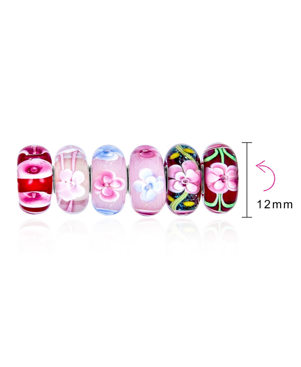 Bling Jewelry Assorted Mixed Set Of 6 Bundle Translucent Shades Of Floral Red Pink Blue Yellow Flower Rose Murano Glass Charm Bead .925 Sterling Silve