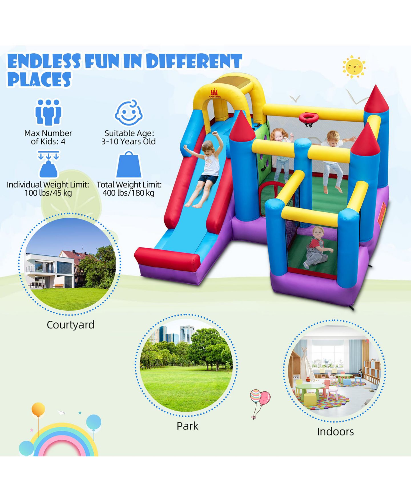 Детская игрушка Costway 5-In-1 Inflatable Bounce Castle with Basketball Rim, Accommodates 4 Kids, 3–10 лет — фото 6