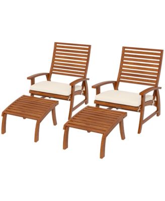 2 Patio Chairs w/ Ottomans & Cushions, Acacia Wood, White