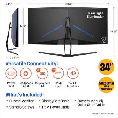 34 Inch Curved Ultrawide Gaming Monitor, 180Hz, AMD FreeSync Support, Low Motion Blur, 1500R Curve, 3440 x 1440, for PC Games with Built in Speakers
