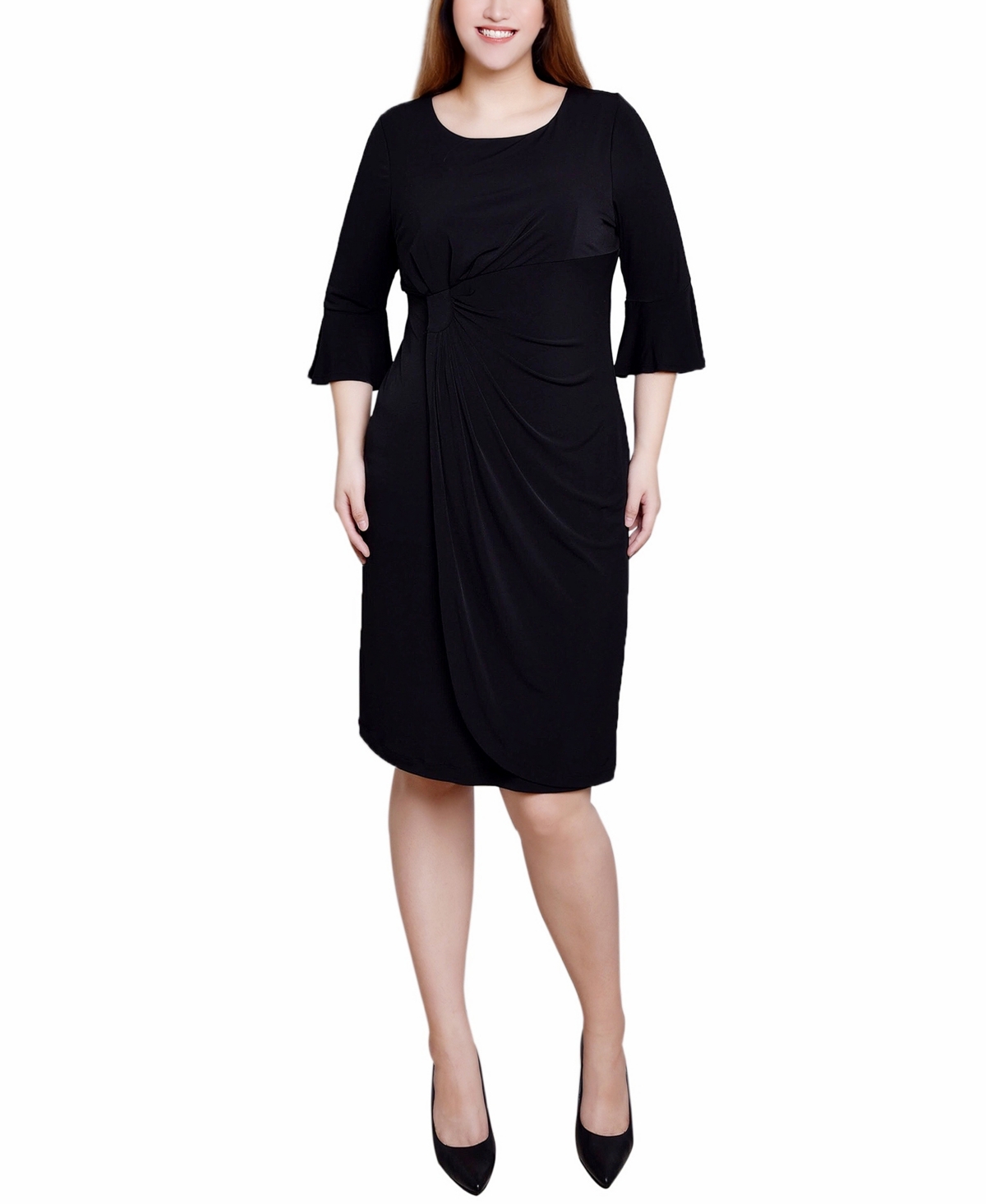Ny Collection Petite 3/4 Length Trumpet Sleeve Dress In Black