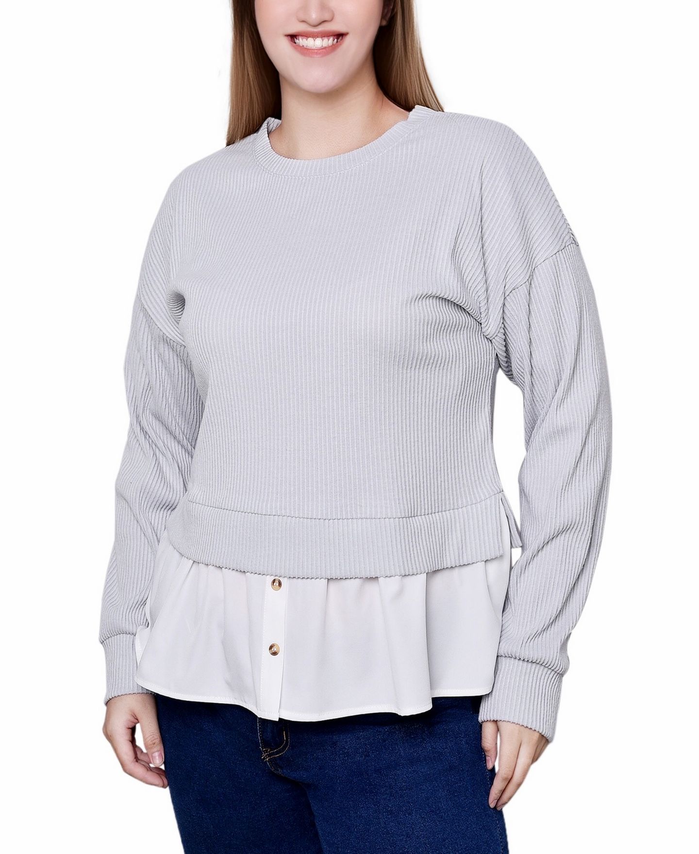 Женский топ NY Collection Petite Long Sleeve Two-Fer with Gathered Inset, цвет: Меланжевый серый — фото 1
