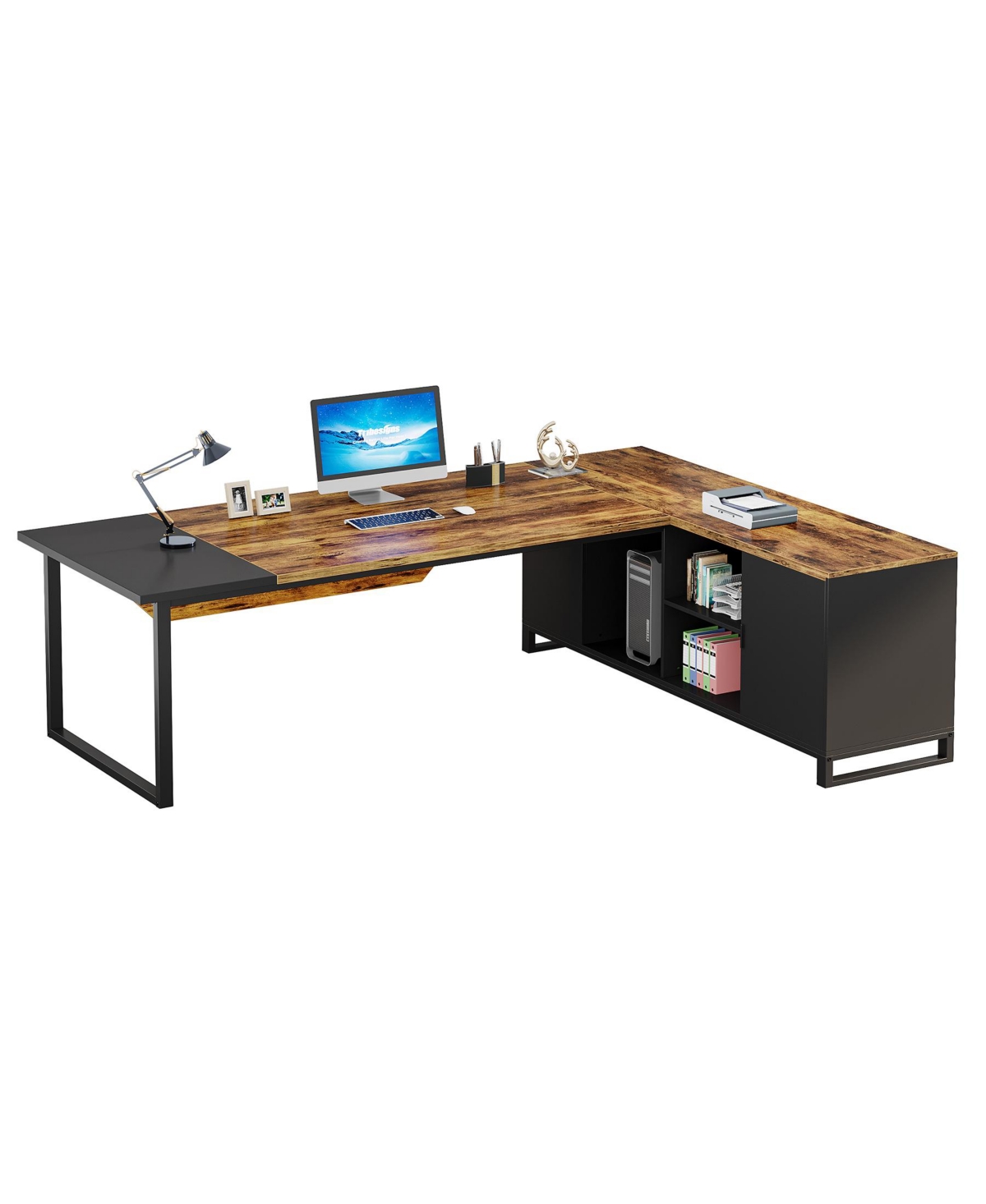 Tribesigns Shaped Executive Desk with File Cabinet and Storage Shelves - Rustic brown  black