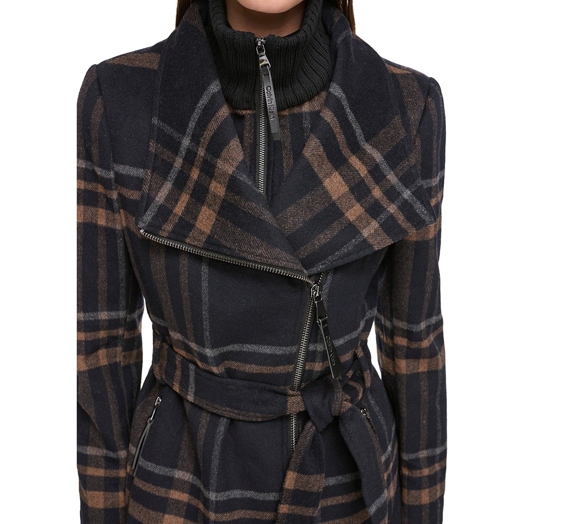 Calvin Klein Womens Wool Blend Belted Wrap Coat, Created For Macys In Black