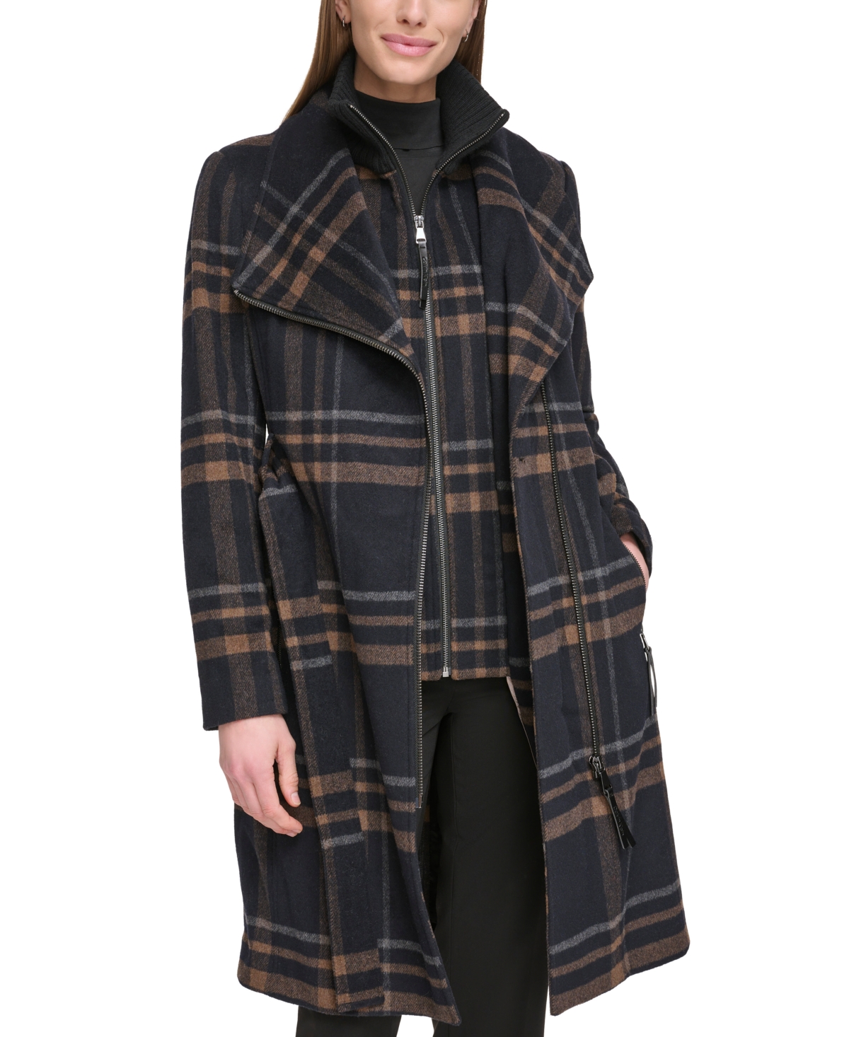 Calvin Klein Womens Wool Blend Belted Wrap Coat, Created For Macys In Black