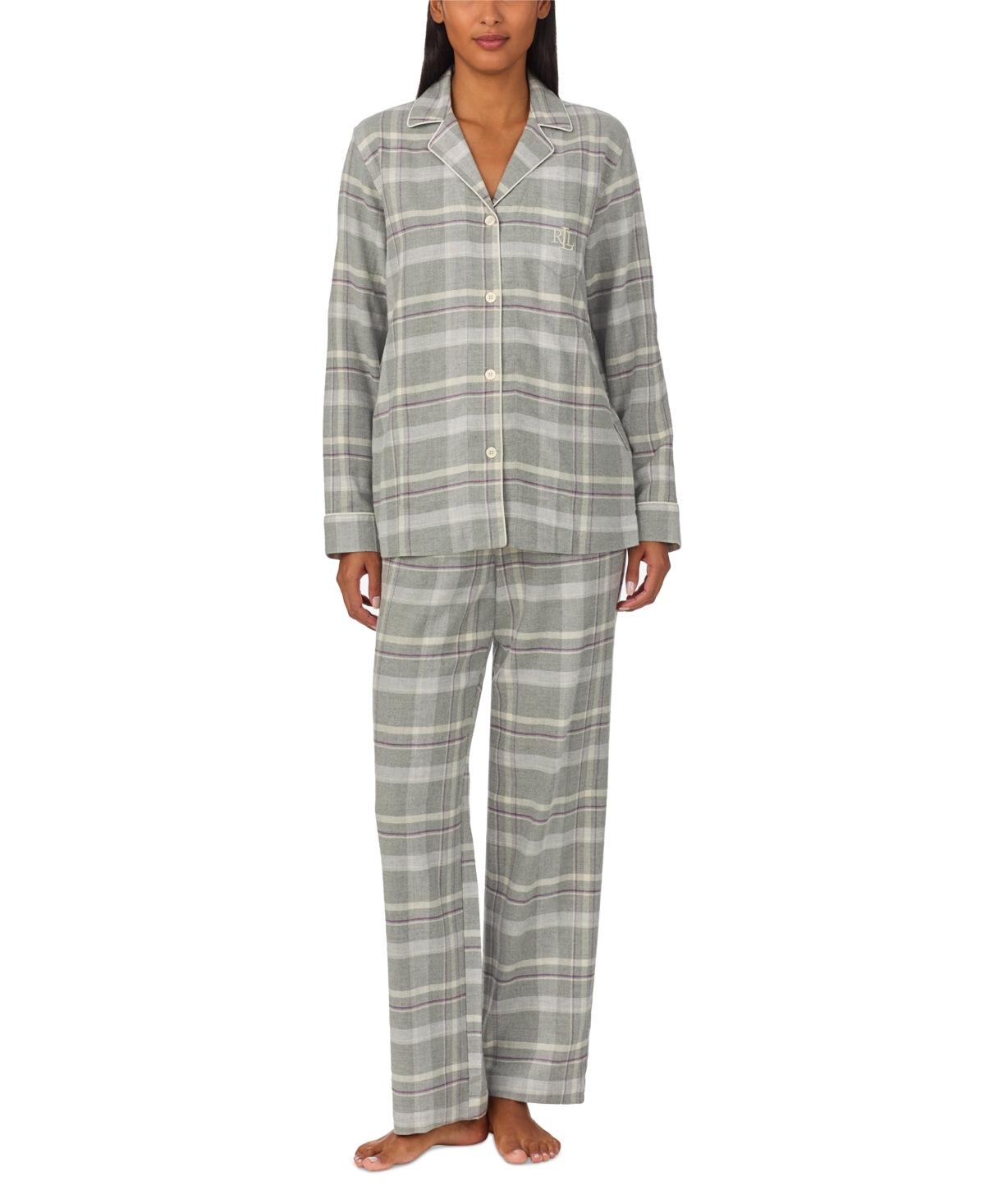 Ralph Lauren Lauren  Print Cotton Blend Pajamas In Grey Plaid