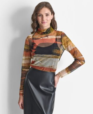 DKNY - Women's Printed Turtleneck Long-Sleeve Mesh Top Brand Name