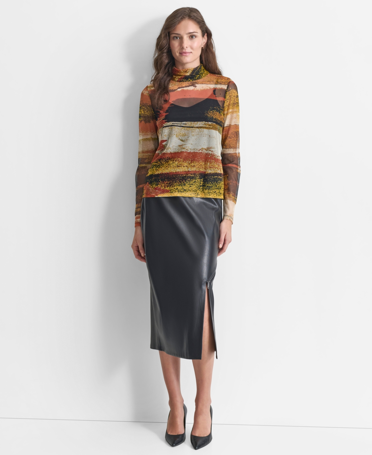 Dkny Women's Printed Turtleneck Long-Sleeve Mesh Top
