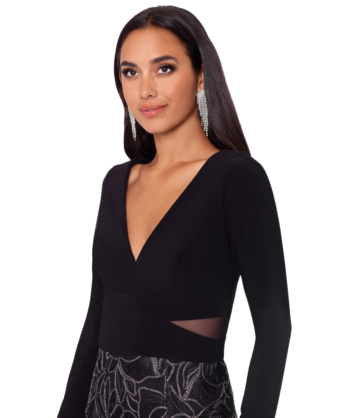 Xscape Women's Long-Sleeve Brocade-Skirt Gown -Silver