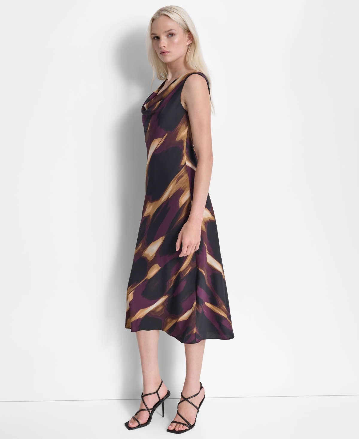 Dkny Women's Printed Sleeveless Cowlneck Midi Dress In Black Raisin