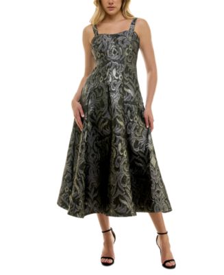 metallic jacquard fit and flare dress Strapless Floral Metallic Jacquard Midi Dresses