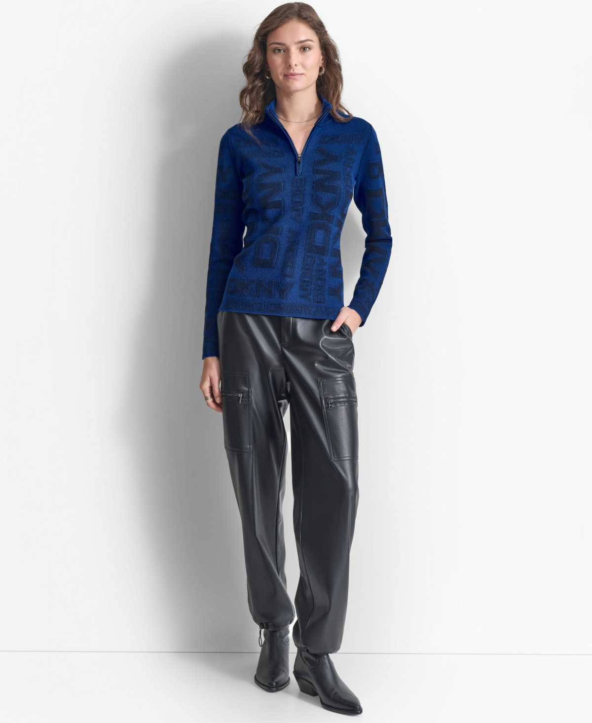 Dkny Women's Quarter-Zip Embossed Sweater - Bk/lapis B