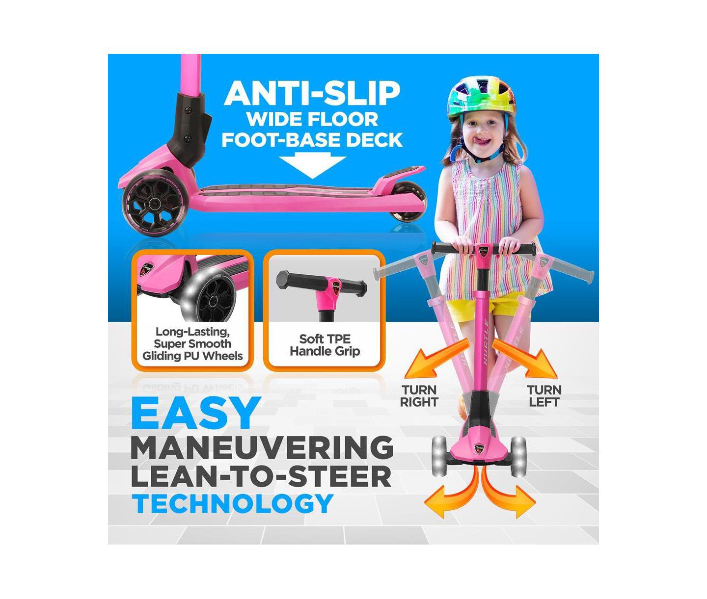 Детская игрушка Hurtle 3-Wheel Foldable Kids Scooter - Child Toy Scooter with Built-in LED Wheel Lights, Easy Maneuvering Lean-to-Steer Technology — фото 7