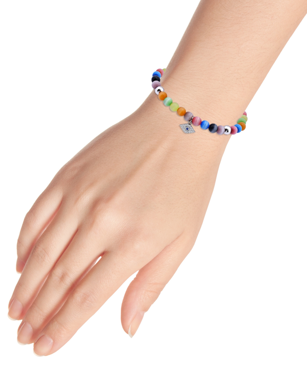 Giani Bernini Cubic Zirconia & Catseye Bead Evil Eye Charm Stretch Bracelet in Sterling Silver, Created for Macy's - Cats-Eye