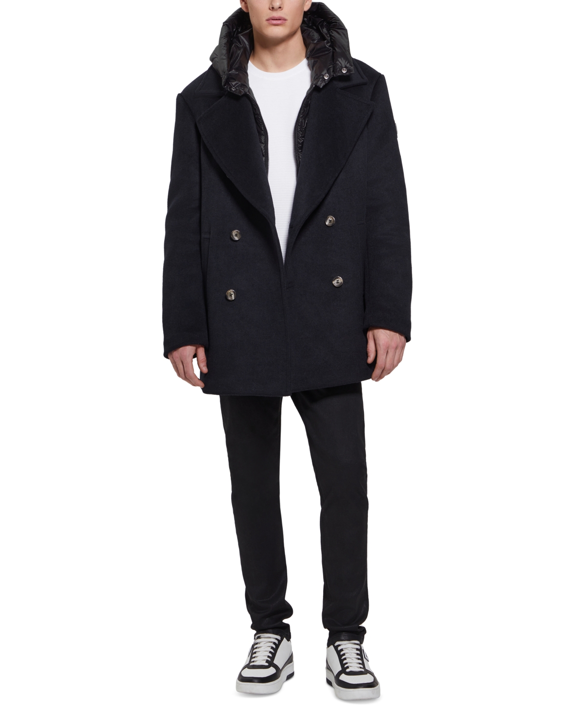 Guess Men's Peacoat With Removable Nylon Hooded Inset In Navy Sea