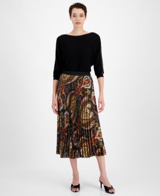T Tahari - Women's Printed Pull-On Pleated Midi Skirt