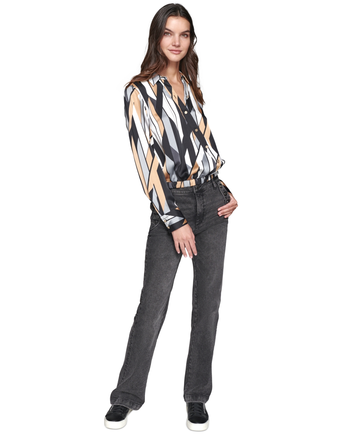 Karl Lagerfeld Paris Women's Geo-Printed Faux-Wrap Satin Top - Black  Silver