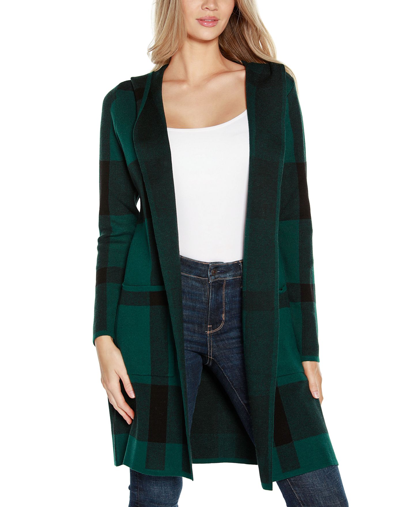 Женский свитер Belldini Hooded Plaid Coatigan, цвет: Изумрудный / Чёрный — фото 1