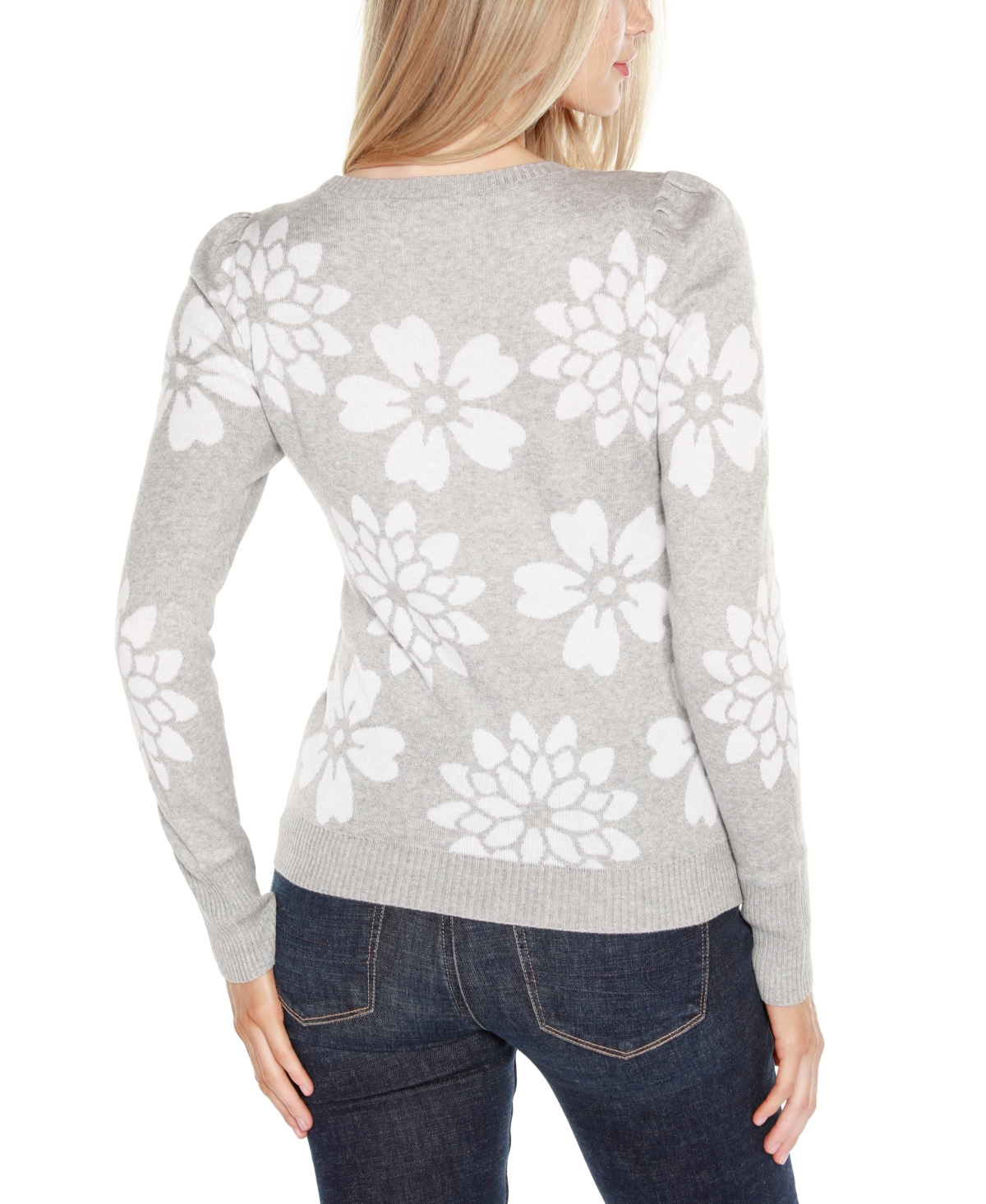 Belldini Women's Floral Crew Neck Sweater -White