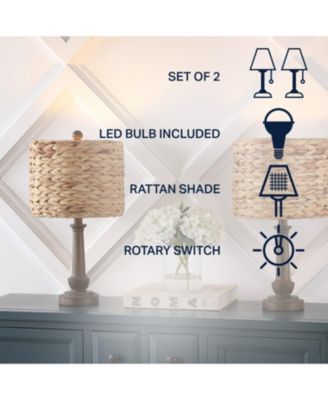 Leona 21.25" Rustic Farmhouse Handwoven Water Hyacinth/Resin LED Table Lamp, Brown Wood Finish (Set of 2)
