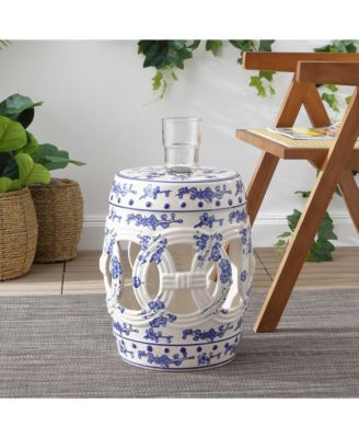Lucky Coins 16" Chinese Ceramic Drum Garden Stool, Blue/White