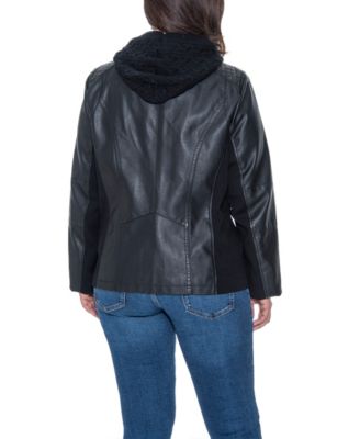 Plus Size Garment Dyed Faux Leather Zip Front Jacket With Detachable Sweater Knit Hood