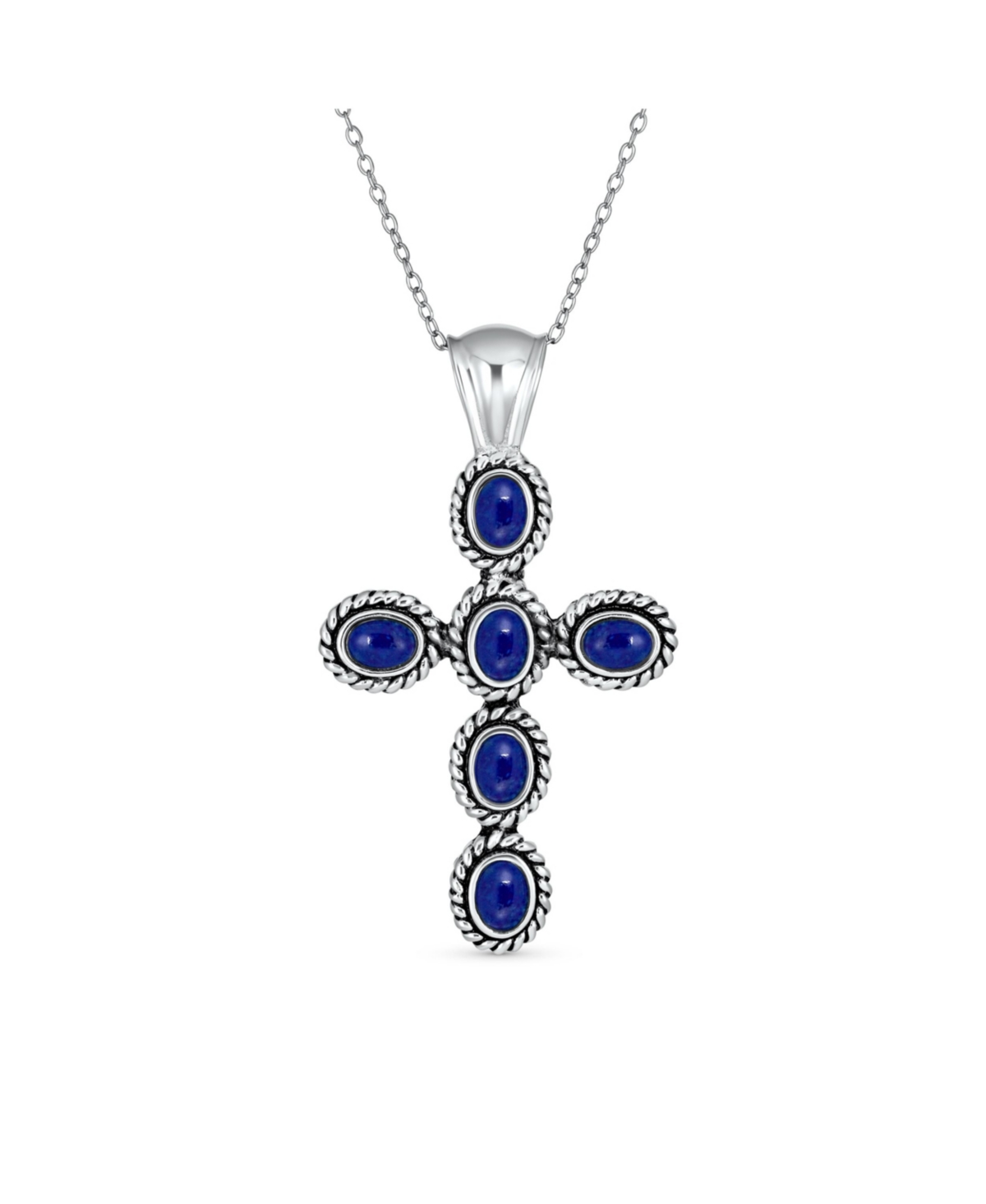 South Western Style Blue Natural Lapis Lazuli Rope Bezel Set Cross Pendant Sterling Silver Necklace 18 In Chain 1.5 In - Multicolor