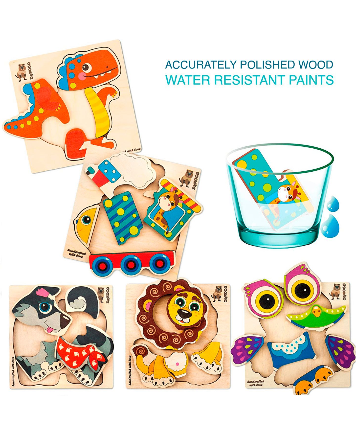 Детские игрушки Quokka Wooden Montessori Puzzles, 6-Piece, Ages 1+, цвет: Cartoonish Animals — фото 7