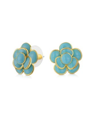 Fashion Enamel 3D Red Rose Flower Stud Earrings Button Style Gold Plated