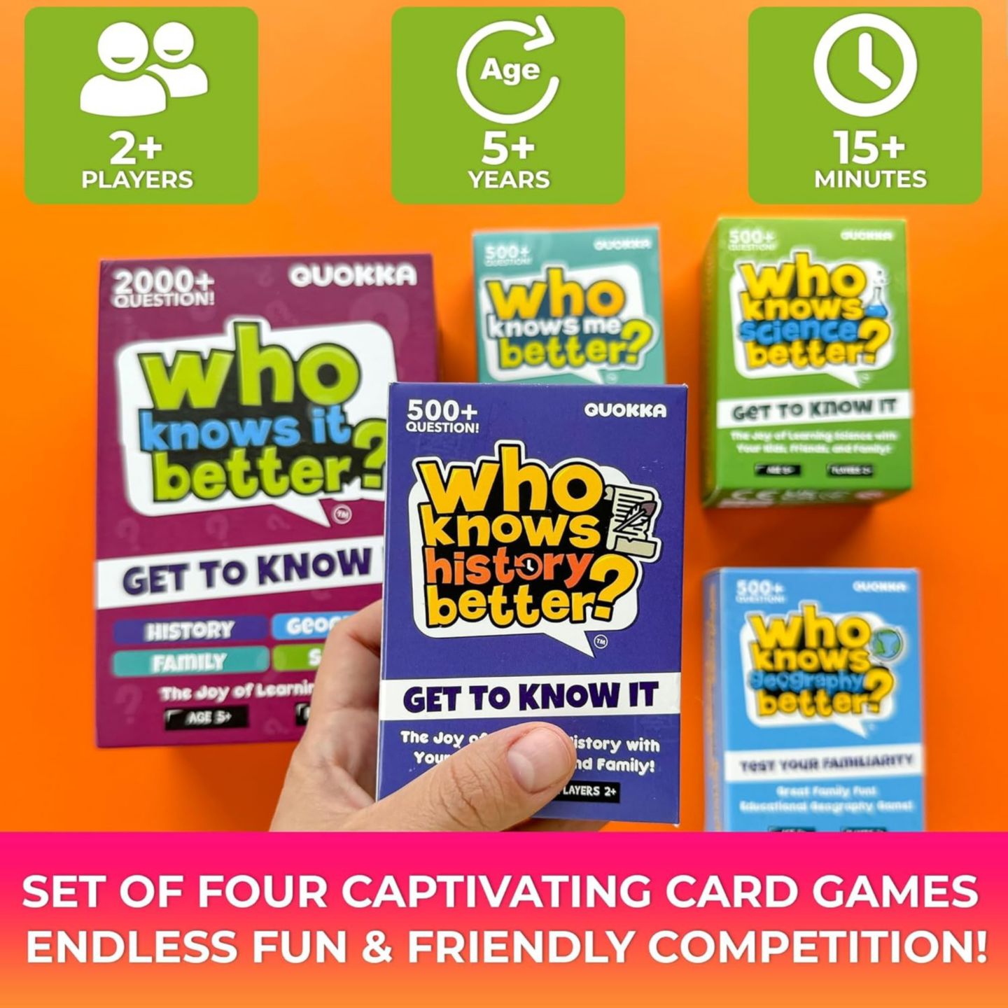 Детская карточная игра Quokka Who Knows Me Better 500+ Questions Card Game, Ages 8+, цвет: 4 Games Set — фото 2