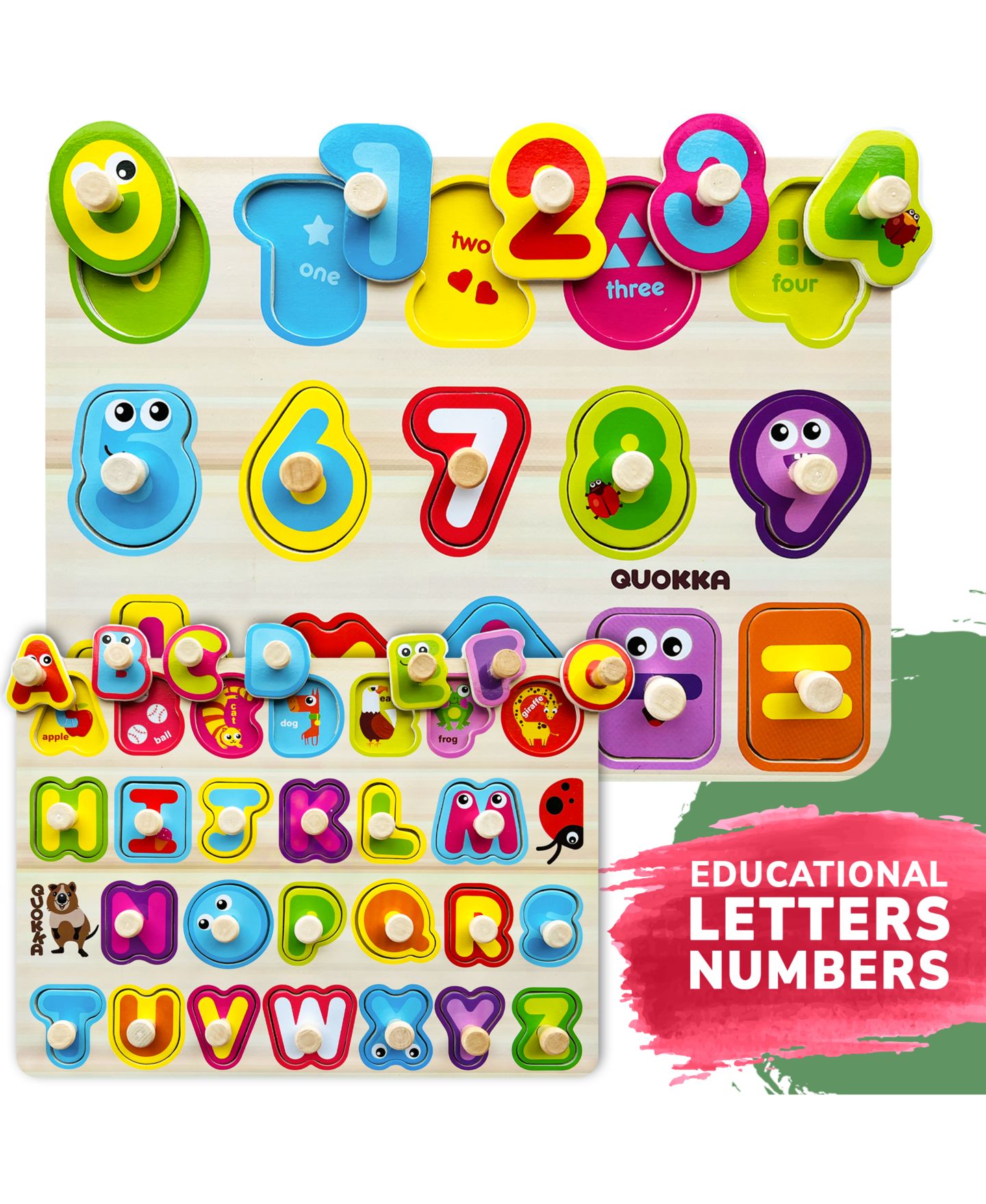 Детские игрушки Quokka Alphabet, Numbers, Animals Wooden Puzzles, 6-Puzzle Set, Ages 1+ — фото 3