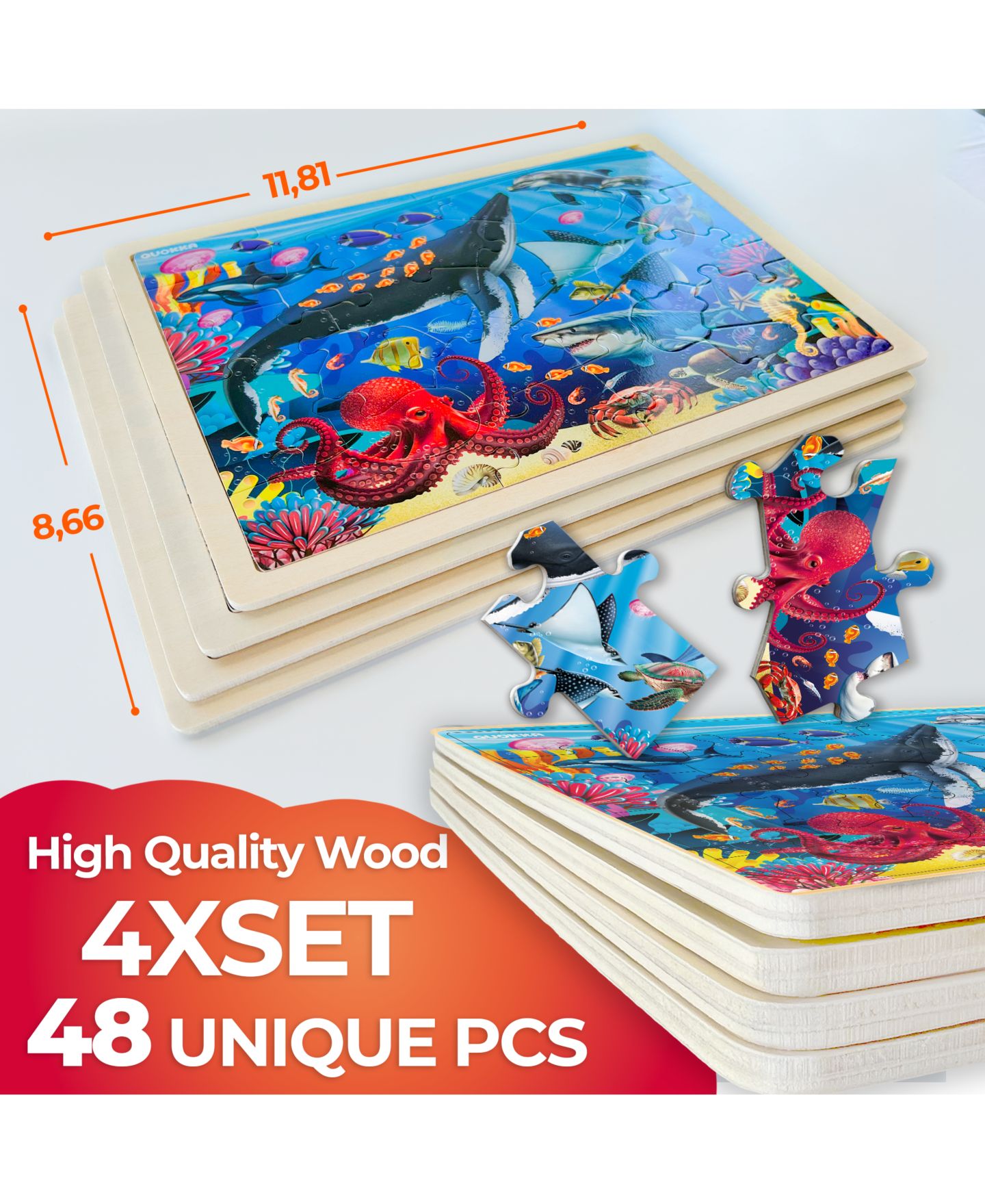 Детские игрушки Quokka Montessori Animal-Themed Large-Piece Wooden Jigsaw Puzzles, 4-Puzzle Set, Ages 3-5, цвет: Океанский — фото 3