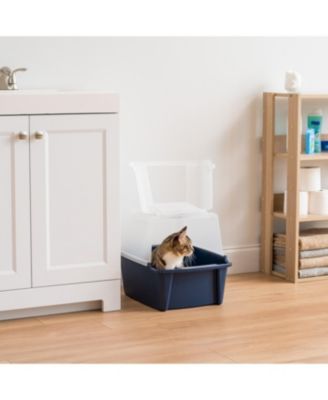 Large Split-Hood Cat Litter Box with Scoop and Grate, Blue