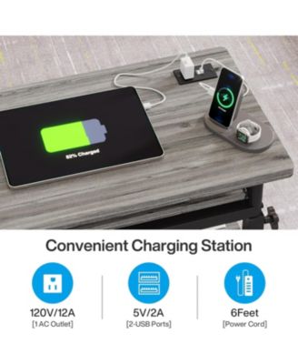 Small Portable Desk with Power Outlet, Height Adjustable Laptop Table with Wheels, Mobile Standing Computer Cart