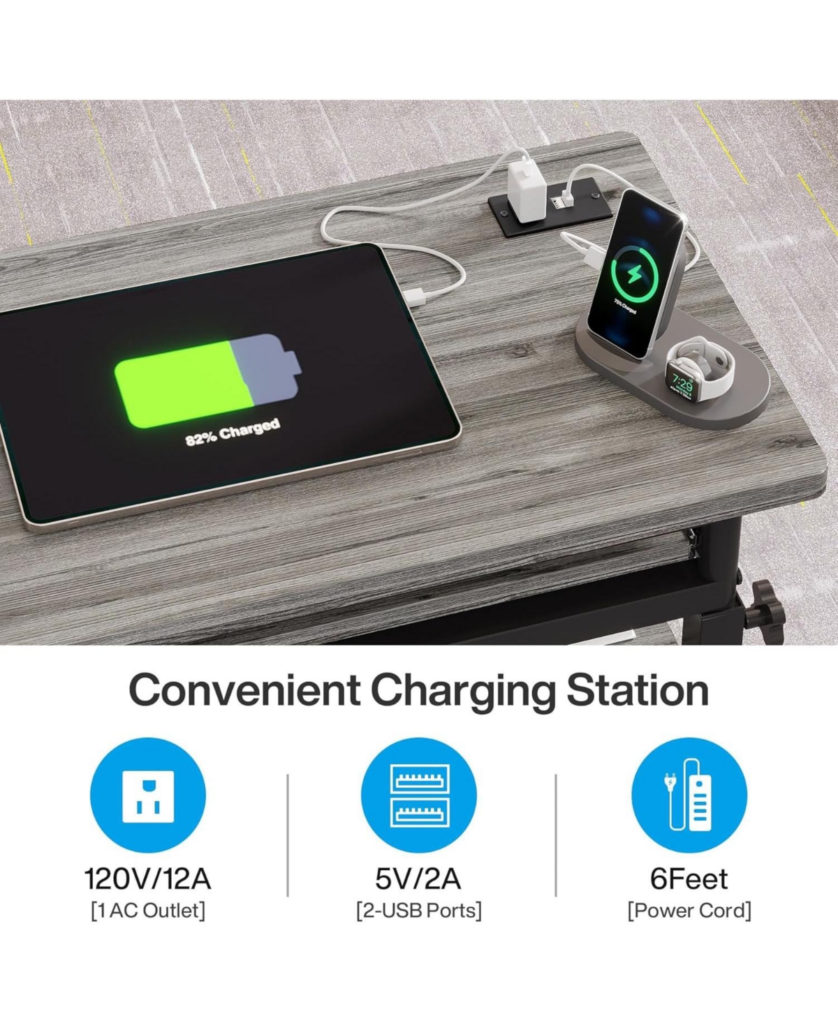 Tribesigns Small Portable Desk with Power Outlet, Height Adjustable Sofa Couch Bedside Laptop Table Wheels, Mobile Standing Rolling Computer