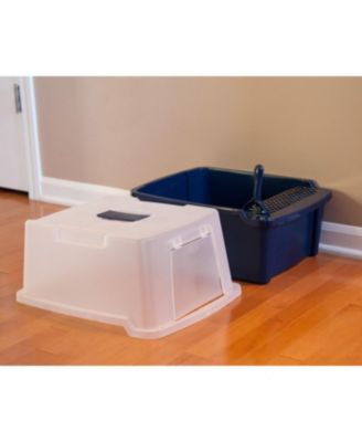 Large Enclosed Hooded Litter Box with Front Door Flap and Scoop, Entry Gate for Privacy and Keeping Litter Inside, Blue
