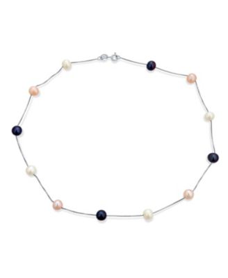Tin Cup Freshwater Cultured Pearl Natural Stone Necklace Chain Station Yellow Gold Plated Sterling Silver 16 18 Inch