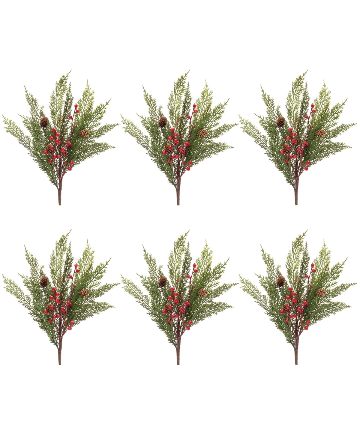 Pine and Berry Spray for Festive Holiday Decor (Set of 6) - Green, Red
