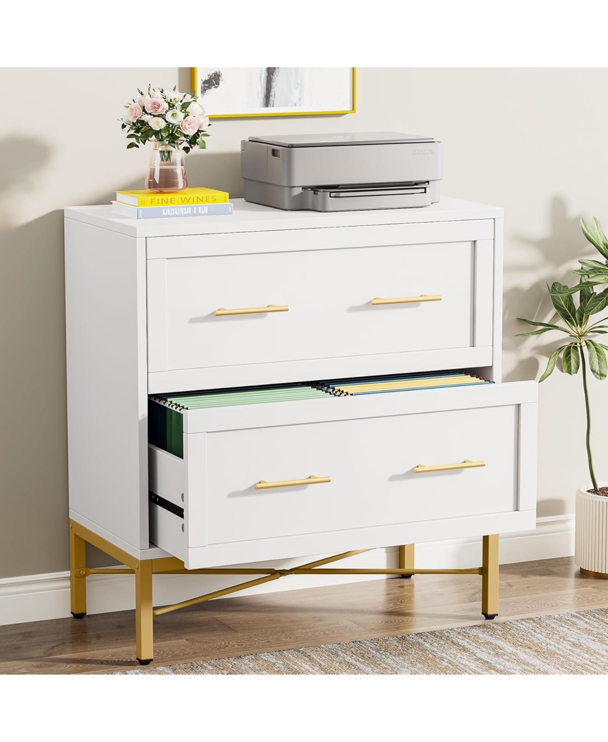 Tribesigns 2 Drawer File Cabinet, Modern White Lateral Filing Cabinet for Letter/Legal/A4 Size, File Storage Cabinets Printer Stand with Storage