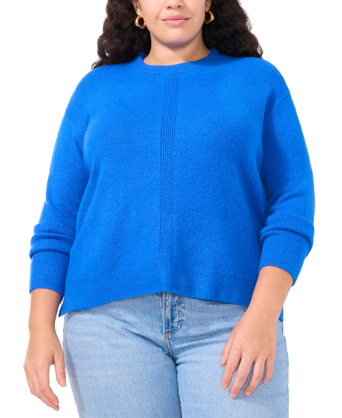 Shop Vince Camuto Plus Size Ribbed-front Crewneck Sweater In Bright Blue