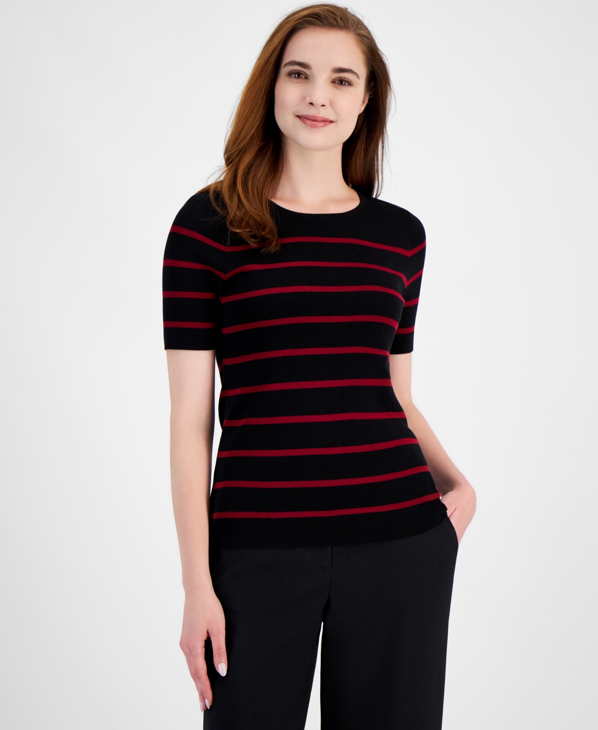Tahari Asl Stripe Short Sleeve Sweater In Black,mulberry