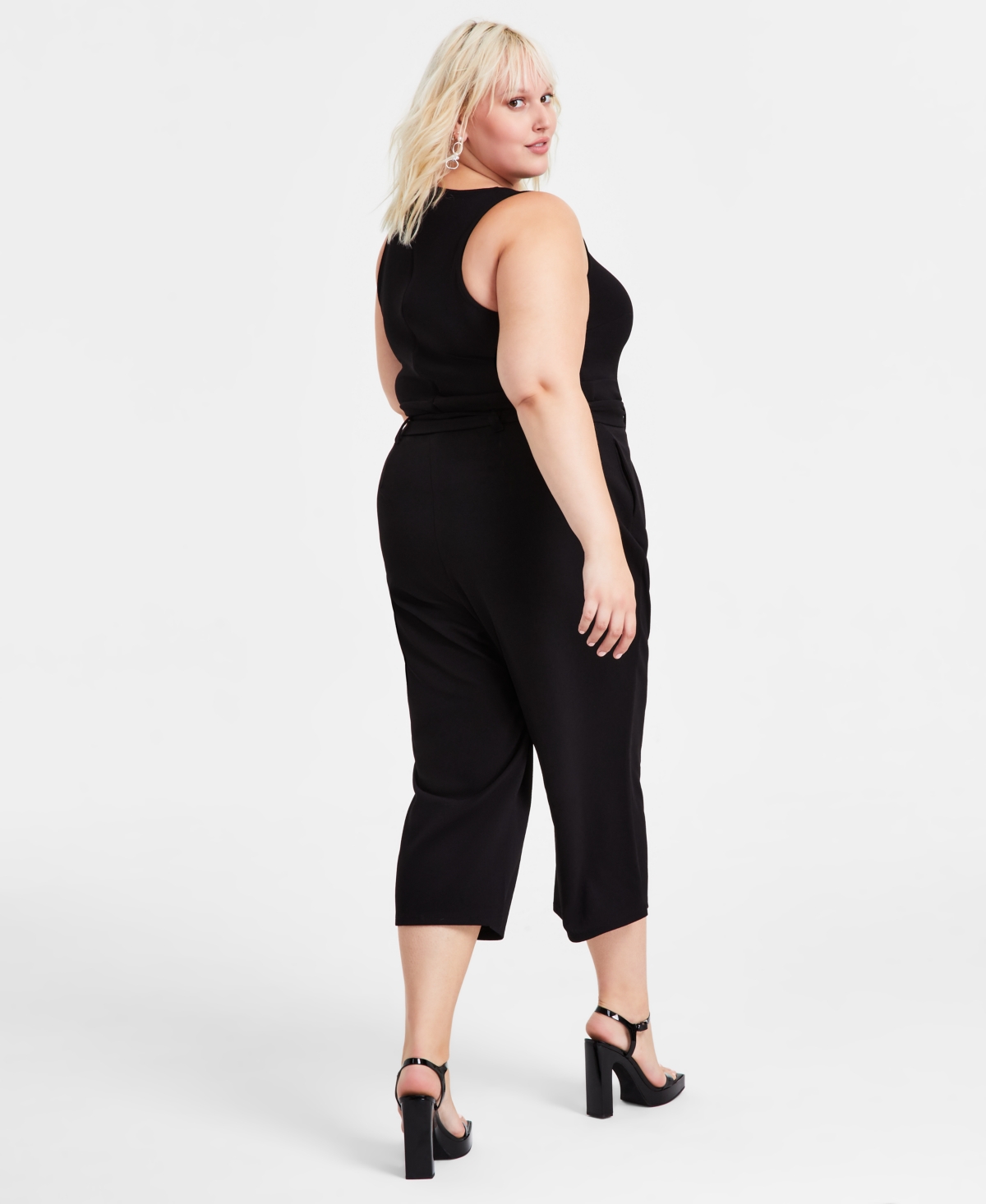 Bar Iii Trendy Plus Size Belted Sleeveless Capri Jumpsuit, Created for Macy's