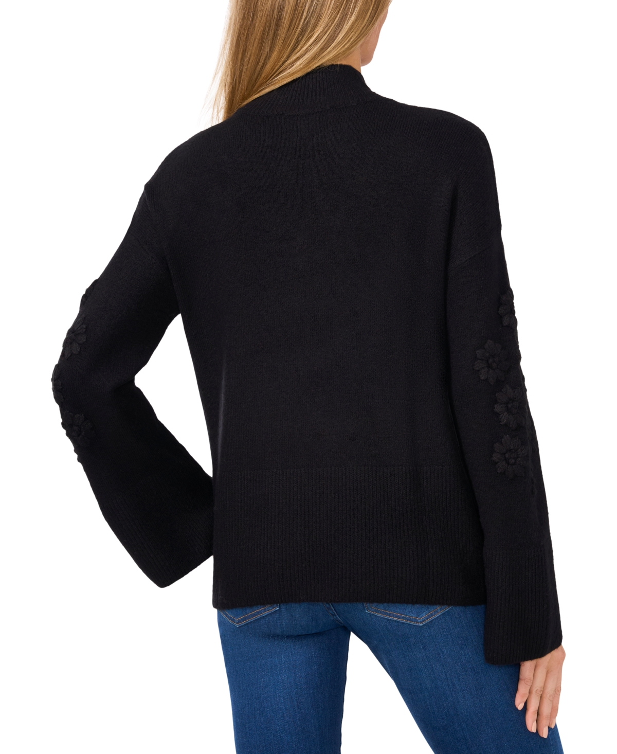 CeCe Women's Floral Embroidered Mock Neck Bell-Sleeve Sweater