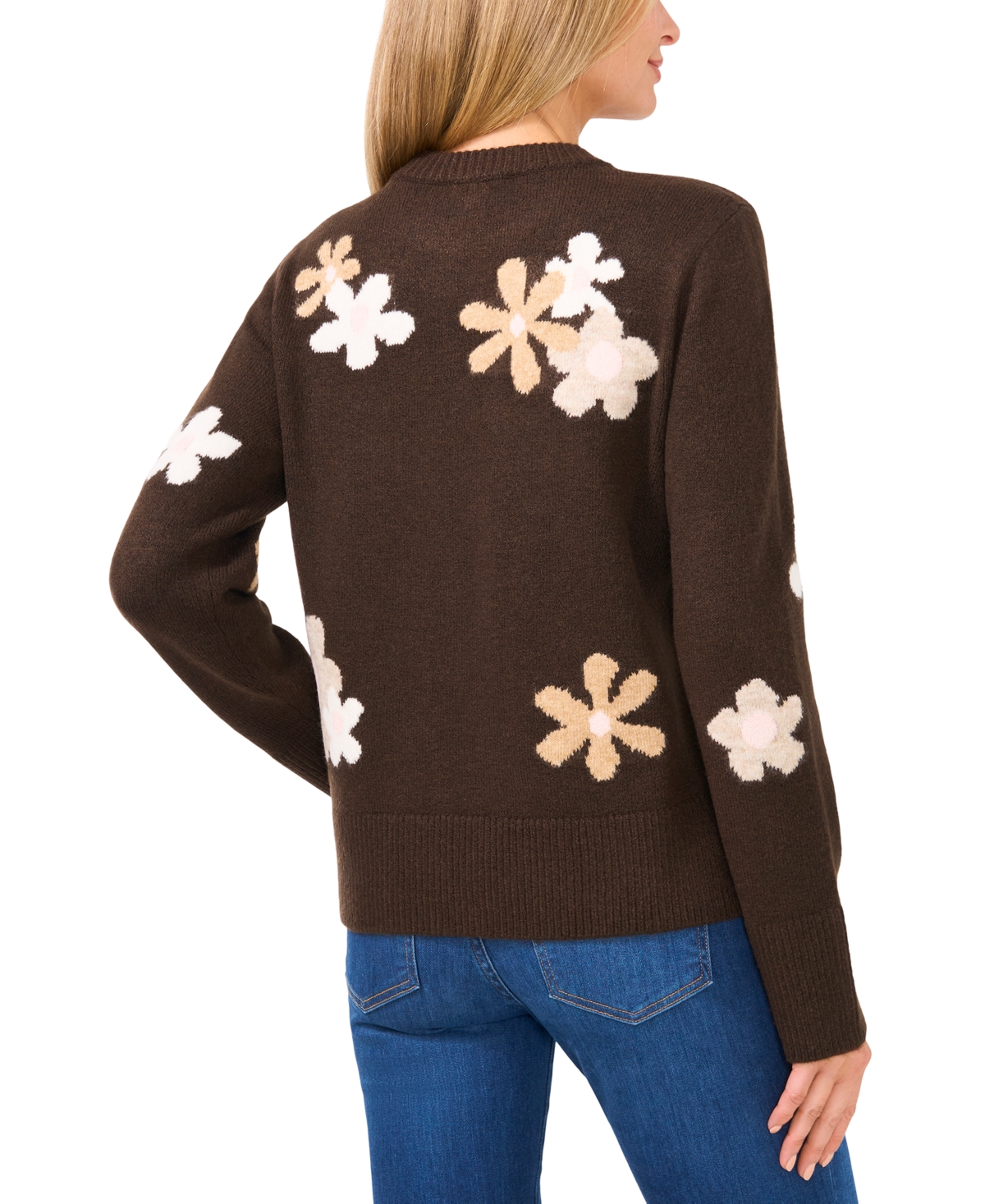 CeCe Women's Crewneck Flower Patterned Knit Long-Sleeve Sweater