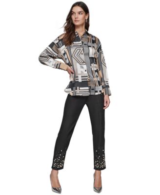 Womens Printed Button Front Top Embellished Jeans