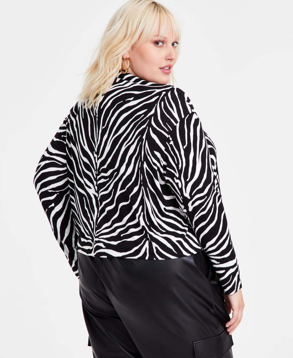Bar Iii Trendy Plus SizePrint Mock Neck Blouson Knit Top, Created for Macy's - Zebra
