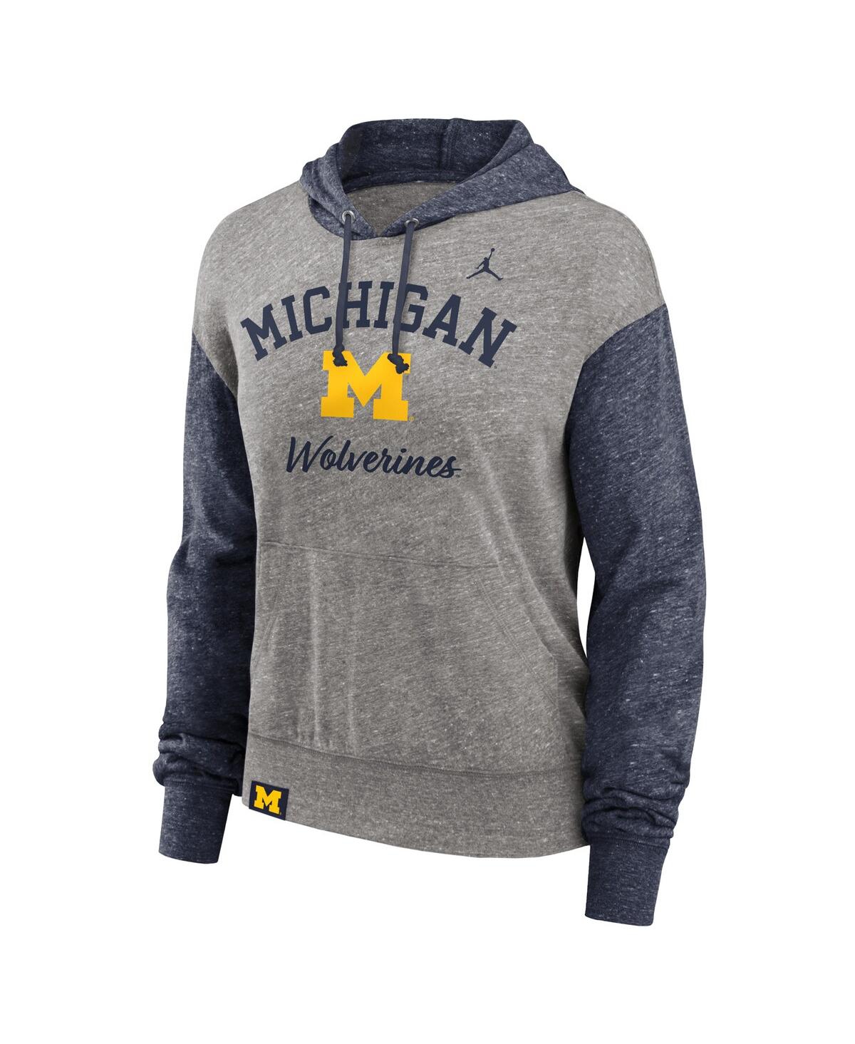 JORDAN WOMEN'S HEATHER GRAY/NAVY MICHIGAN WOLVERINES BLITZ COLOR BLOCKED LEGACY PULLOVER HOODIE 
