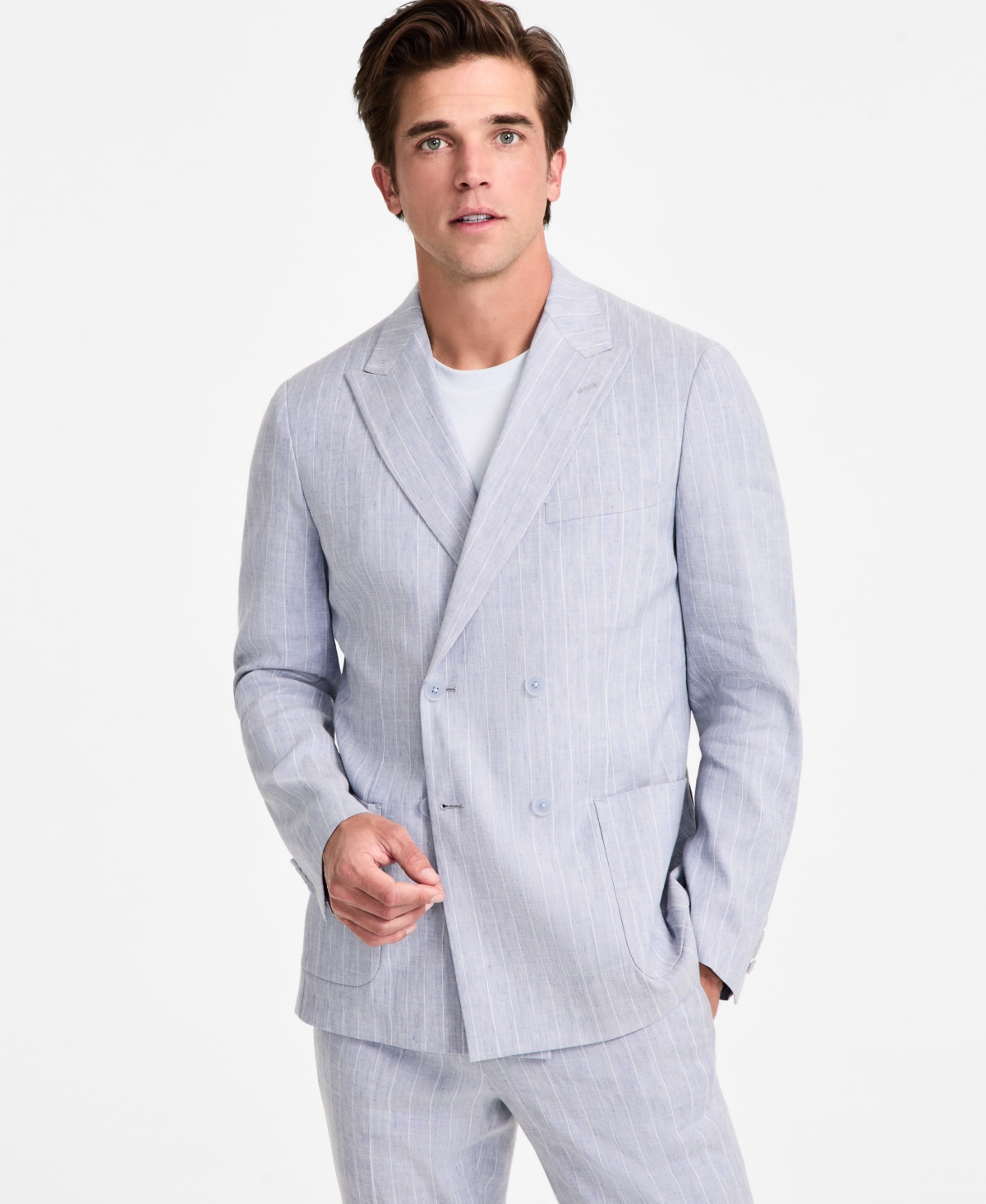 Shop Calvin Klein Men's Slim Fit Double Breasted Linen Suit Jacket In Blue