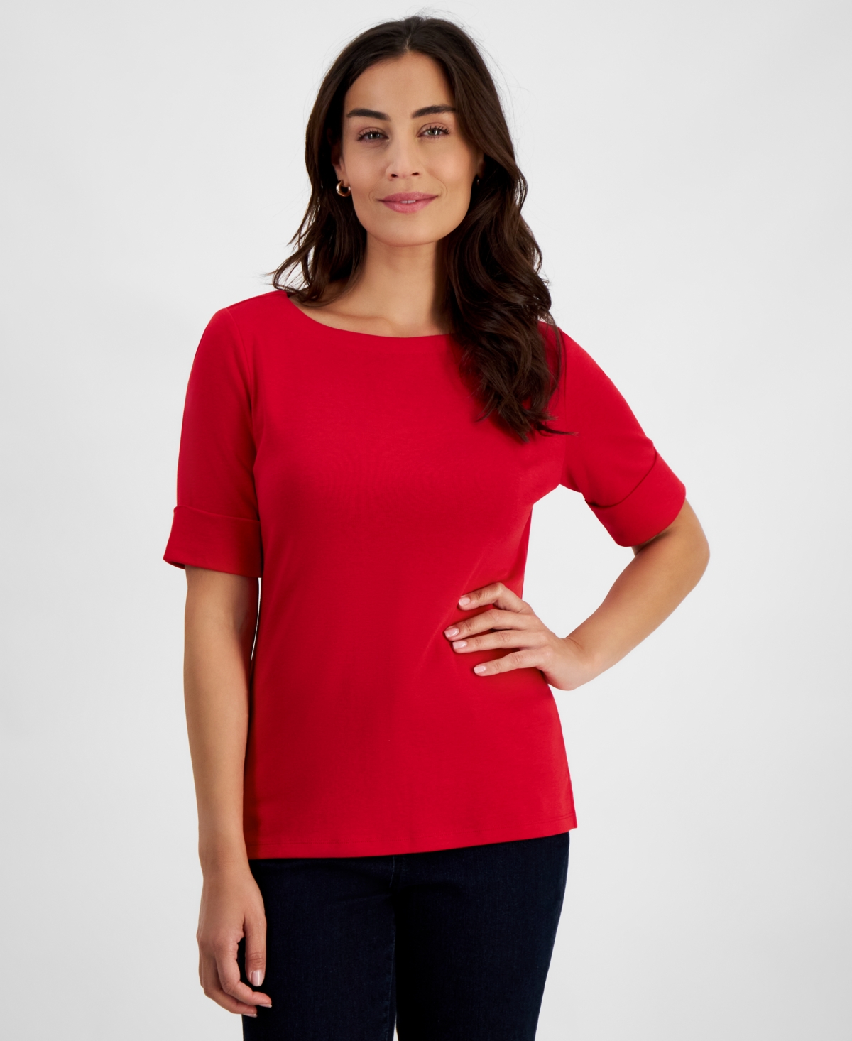 Style & Co Petite Cotton Elbow-sleeve Boat-neck Top, Created For Macy's In Tango Red
